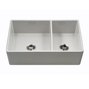 Houzer Platus 33 inch White Fireclay Apron Front Farmhouse Double Bowl Kitchen Sink
